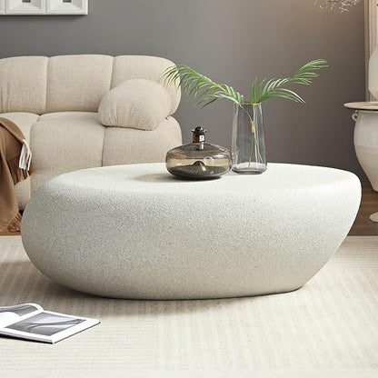 kevinplus 43.31 Modern Oval Coffee Table for Living Room, Contemporary Rustic Style Curved Coffee Table, Fiberglass Material & Grainy Stone Paint, No Assembly, Beige