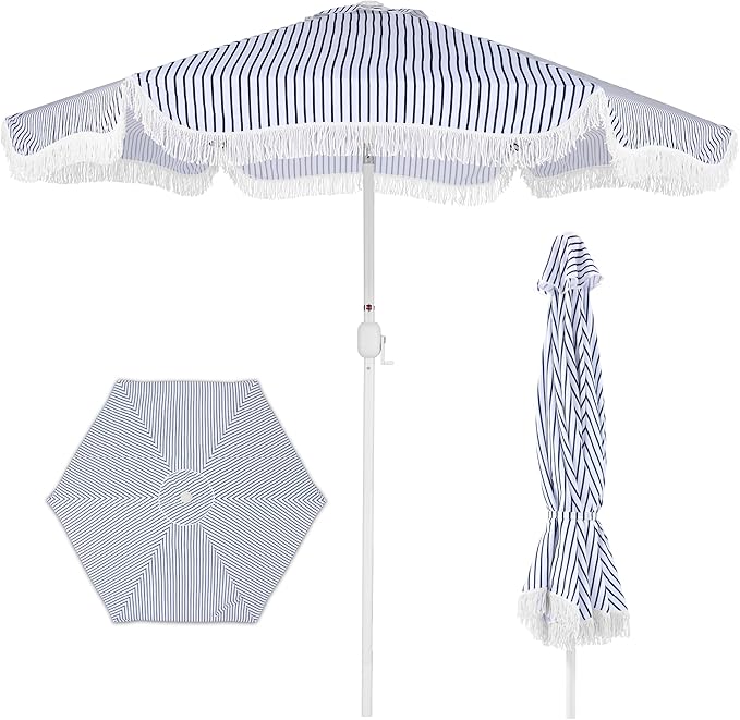Best Choice Products 9ft Fringe Market Patio Umbrella – Outdoor Boho Tassel Sunshade for Table, Pool, Deck, Backyard – UPF50+, Easy Tilt, Heavy Duty Steel Pole & Ribs