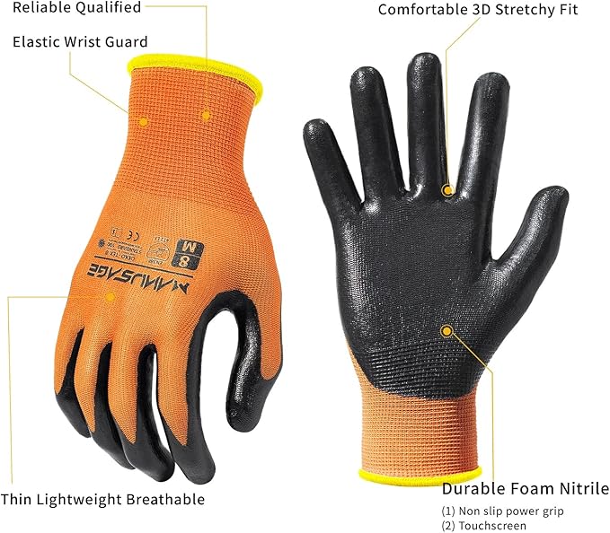 Safety Work Gloves for Men and Women - Nitrile With Touchscreen Fingers and Grip - Mechanics Gloves (Size XL, Orange, 6-Pairs)