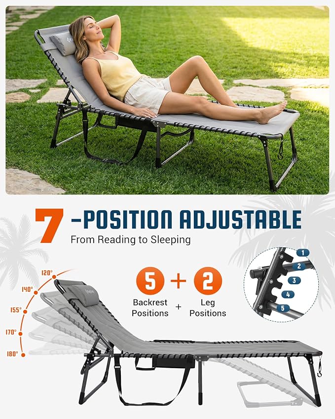 KingCamp Oversized Tanning Chair, Extra-Wide Padded Folding Chase Lounge Chairs Portable Adjustable 5-Position 440lbs Heavy Duty Lounger with Double-Layer Oxford for Outdoor Beach Patio Sun Pool Grey