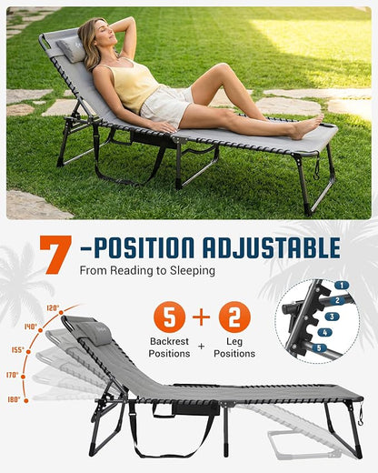 KingCamp Oversized Tanning Chair, Extra-Wide Padded Folding Chase Lounge Chairs Portable Adjustable 5-Position 440lbs Heavy Duty Lounger with Double-Layer Oxford for Outdoor Beach Patio Sun Pool Grey