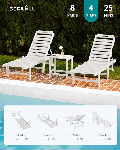 SERWALL Patio Chaise Lounge Set of 2, HDPE Outdoor Lounge Chair with Cup Holder, 5 Positions Adjustable Pool Lounge Chair with Rolling Wheels for Poolside, Deck, Sunbathing, White