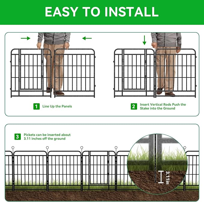 12 Panels No Dig Garden Fence 32 ft(L) X 47 in(H) Animal Barrier for Yard, Patio, Garden Borders, Outdoor Decorative Fencing with Thick Pipe Metal Panels