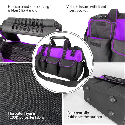 Women Heavy Duty Tool Bag with Molded base,Garden Storage Organizer for Tools,16 x 7.5 x 10.5 inches,600D Polyester Fabric (Purple)