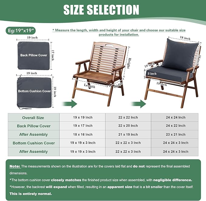 Waterproof Outdoor Cushions for Patio Furniture, Fade Resistant Backrest and Deep Seat Cushion Set with Removable Cover, 22 x 22 Inch, Dark Grey, Set of 4