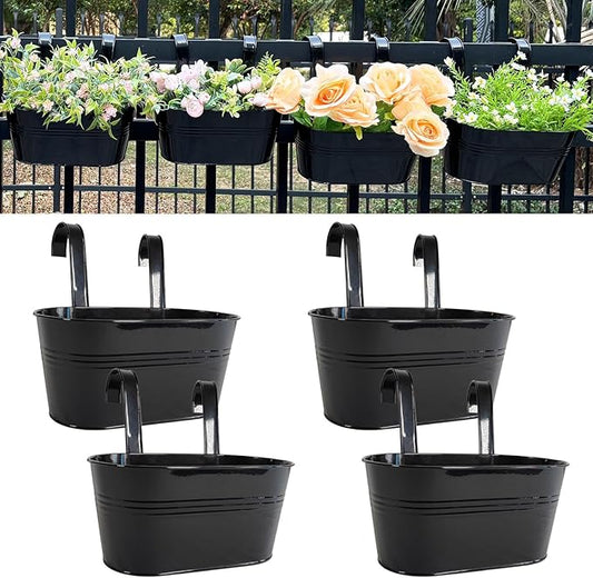 12" Balcony Railing Planters, Outdoor Hanging Planter for Fence, Stylish Metal Porch Deck Flower Pot for Herbs & Succulents (Black, Pack of 4)