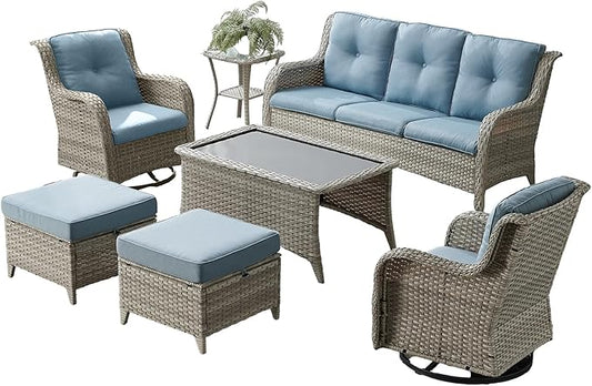 Wicker Patio Furniture-7 Pieces Rattan Patio Furniture Set Outdoor Patio Couch with Swivel Patio Chairs Ottomans and Coffee Table for Deck Poolside Backyard-Light Grey/Light Blue