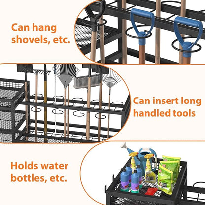 HavenlyYouth Garden Tool Organizer with Wheels-Movable Garden Tool Rack with Storage Hooks for Long-Handled Tools/Rakes/Brooms/Shovels,Heavy Duty Metal Garden Tool Storage for Garage,Shed,Garden,Black