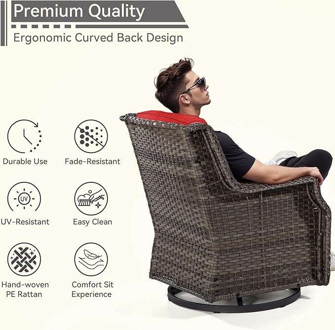 Swivel Patio Chair Outdoors - 360 Degree, Glider Chair with 3.5" Olefin Fabric Cushions (Mixed Grey Rattan/Red)