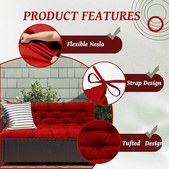 2/3 Seater Swing Replacement Cushion, Waterproof Porch Swing Cushions with Backrest, Thickened Bench Cushions for Outdoor Furniture, for Outdoor Patio Swing (Red, 47 * 40 in)
