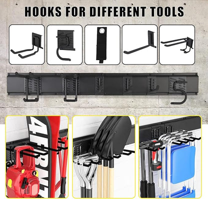 Garvee 48 Inch Garage Tool Organizer Wall Mount, Heavy Duty Garden Tool Storage Organization with 8 Adjustable Hooks, 13 Pack Yard shed Tool Organizer System for Shovel Rake Broom Ladders