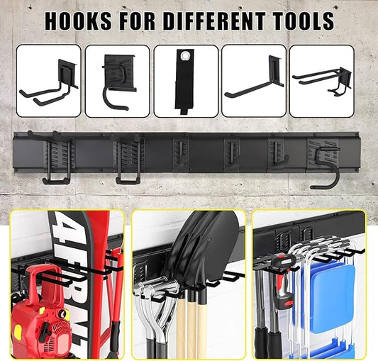 Garvee 48 Inch Garage Tool Organizer Wall Mount, Heavy Duty Garden Tool Storage Organization with 8 Adjustable Hooks, 13 Pack Yard shed Tool Organizer System for Shovel Rake Broom Ladders