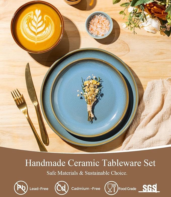 LERATIO Stoneware Dinnerware Sets for 4, 12 Pieces Ceramic Plates and Bowls Sets, Scratch Resistant Dish Set, Oven, Microwave & Dishwasher Safe-Ocean Blue