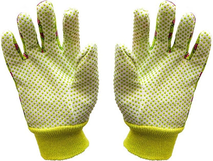 Women's Gardening Gloves, Soft Cotton Jersey, Floral Print, PVC Dot Grip, Comfortable & Durable Multi color Green, Red, Blue