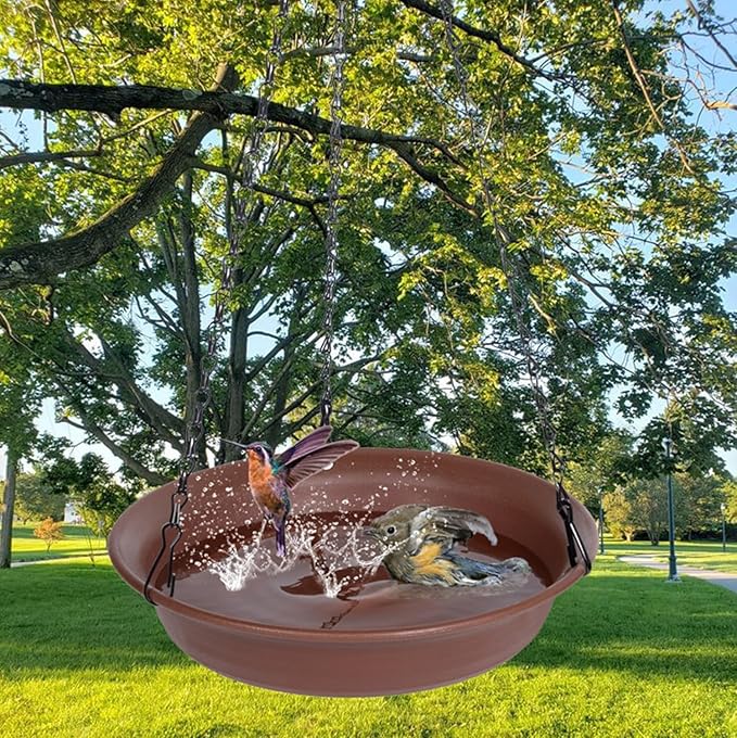 VUWEZ Hanging Bird Bath, Hanging Bird Water Feeder for Outdoors, Feeder Bowl, 1 Pack Birdbath Tray Accessories for Outside, Plastic Birdbaths Tray for Garden Patio Decoration (14", Chocolate)