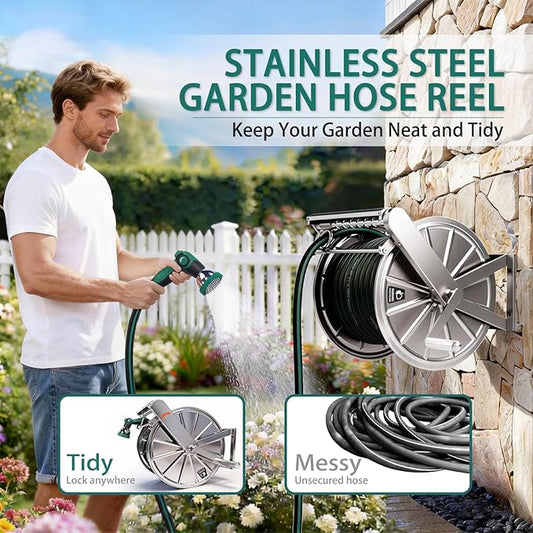 Stainless Steel Garden Hose Reel with 5/8" x 100 ft Heavy Duty Hose, Wall Mount Water Hose Holder, Hose Reels with Crank Handle for Outside, Lawn, Yard, Garage