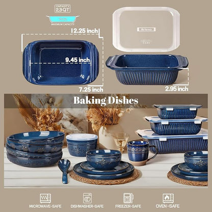 Artena Baking Dish 2.3 Quarts, Casserole Dishes For Oven, Baking Pan With Handles, Lasagna Pan Deep, Large Casserole Dish, Rectangular Ceramic Bakeware (Blue, With Lid)