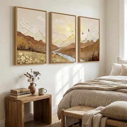 Framed Abstract Mountain Landscape Wall Art for Living Room, 3 Piece Brown Neutral Sunset Scenic Print Canvas Artwork for Walls, Large River Deer Bird Nature Wall Decor for Bedroom Office, 24x36 Inch