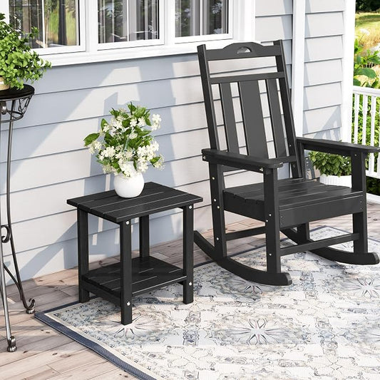 Adirondack Outdoor Side Table with Wood-Like Grain, 16.6" Small Patio End Table, 2-Tier HDPE Plastic Table for Poolside Porch Garden, Weather Resistant & Easy Assembly (Black, Rectangle)