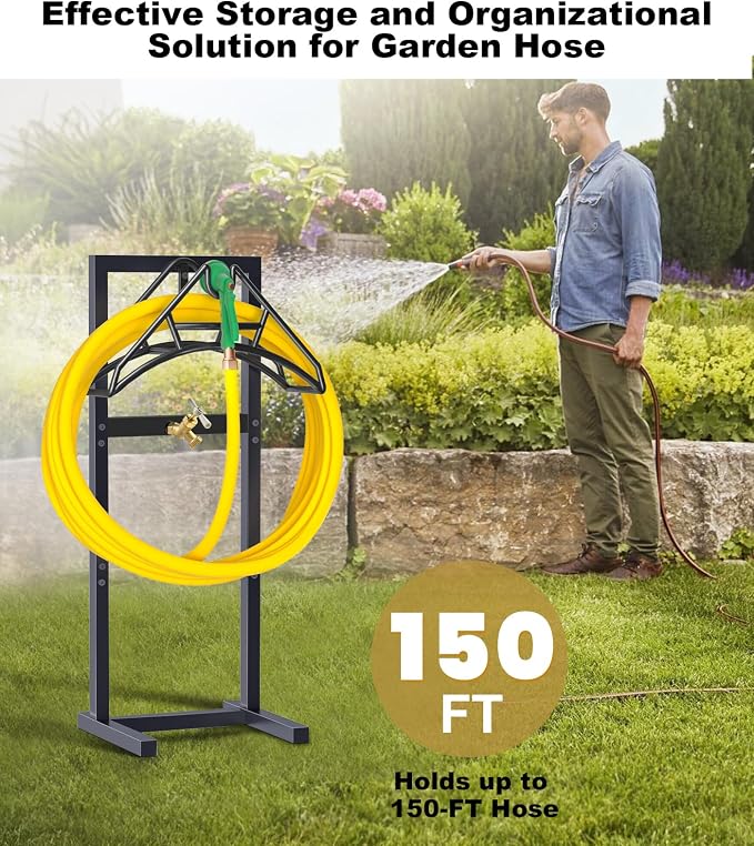 Artigarden Outdoor Garden Hose Holder Freestanding with Brass Faucet And 4 Spikes, Heavy Duty Metal Water Hose Reel Stand Hanger Rack Organizer Holds Storage 150ft Hose for Outside Yard Lawn, Black