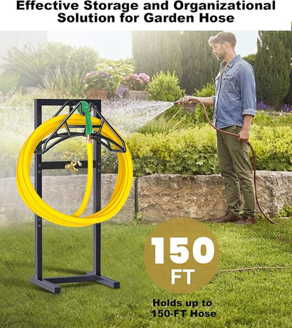 Artigarden Outdoor Garden Hose Holder Freestanding with Brass Faucet And 4 Spikes, Heavy Duty Metal Water Hose Reel Stand Hanger Rack Organizer Holds Storage 150ft Hose for Outside Yard Lawn, Black