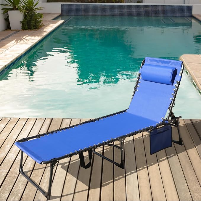 MUPATER 4-Fold Patio Chaise Lounge Chair for Outdoor with Detachable Pocket and Pillow, Portable Sun Lounger Recliner for Beach, Camping and Pool, Blue