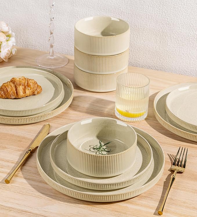TheTerra Ceramic Dinnerware Set for 4, 12-Piece Plates and Bowls Set | Lightweight Porcelain Dish Set, Scratch Resistant, Oven & Microwave & Dishwasher Safe, Cappuccino