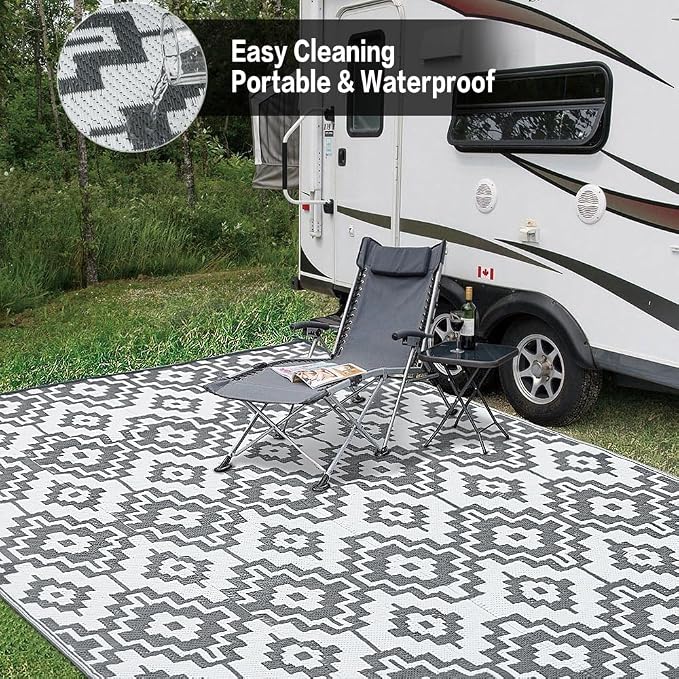 HUGEAR Outdoor Plastic Straw Rug, Waterproof Outdoor Rugs for Patios Clearance, Reversible Area Rug, Large Outside Carpet for Camping, Balcony, RV, Deck, 8x10ft Geometric/Gray&White