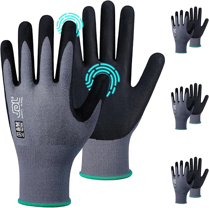 JDL Safety Work Gloves MicroFoam Nitrile Coated 3 Pairs, Seamless Knit Nylon Gloves with Touchscreen Fingers, Non-slip Working Gloves for Women Men, Ideal for Gardening, General Purpose, Grey, Large