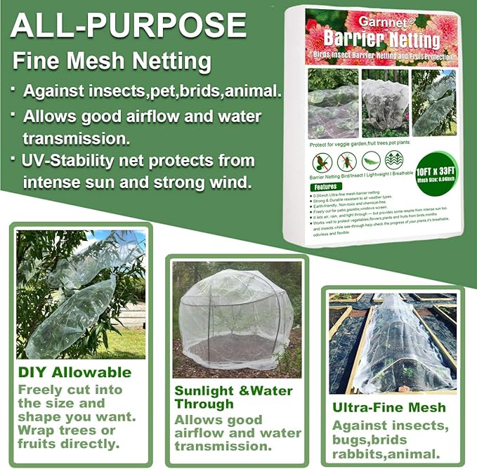 Garden Pest Barrier Netting, 10ftx33ft Ultra Fine Mesh Netting Bugs Out Net Covers Row Cover Protect Plants Flowers Against Cicada Birds Insect Strawberry Net for Blueberry Bush Trees Raised Bed