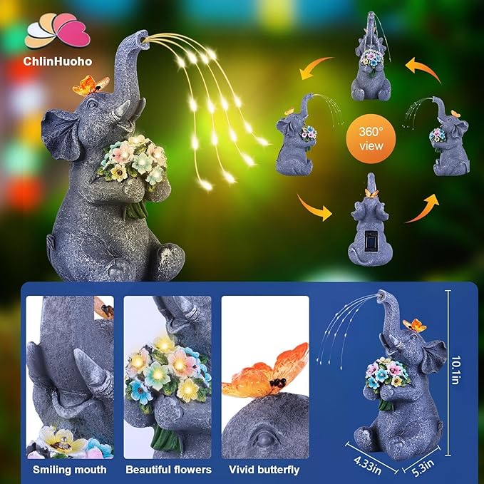 Solar Garden Elephant, Lights Watering Decor, Animal Statue Outdoor, Fairy Garden Accessories,Patio,Yard,Balcony Decorations, Lawn Ornament, Housewarming, Birthday,Mothers Day Mom Gifts