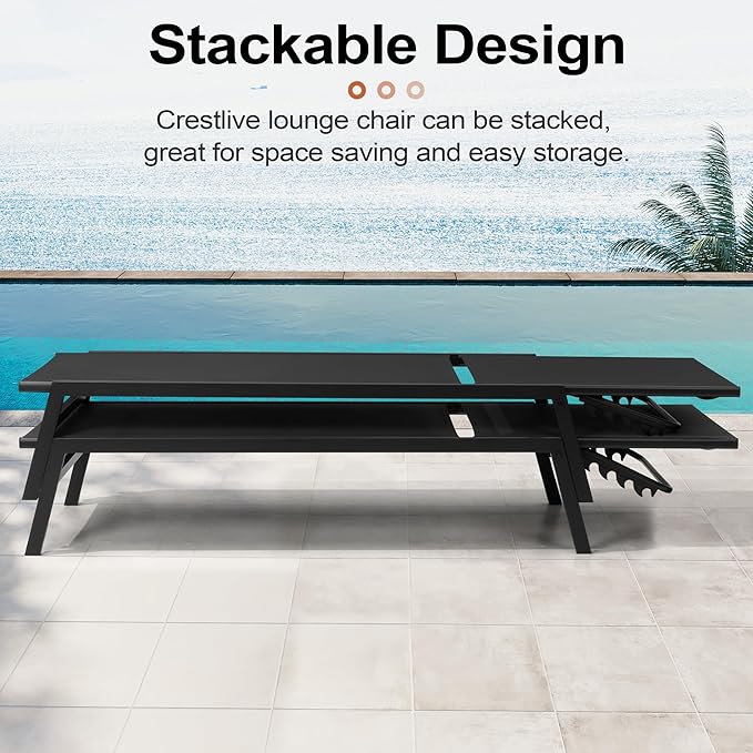 Crestlive Products Stackable Chaise Lounge Chair Outdoor Set of 2, Adjustable 5 Positions Pool Tanning Recliner,Outdoor Lounge Furniture Perfect for Patio, Beach, Yard, Pool