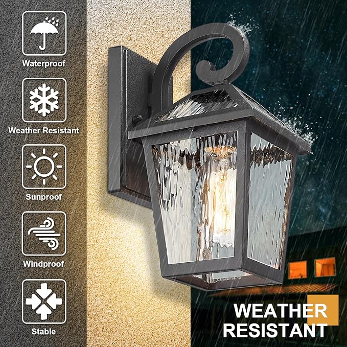 Outdoor Lights Fixtures Wall Mount, Outdoor Wall Lantern with Water Ripple Glass, Waterproof Outside Exterior Wall Sconce Lights Fixture for House, Front Porch, Patio, Matte Black, 2Packs