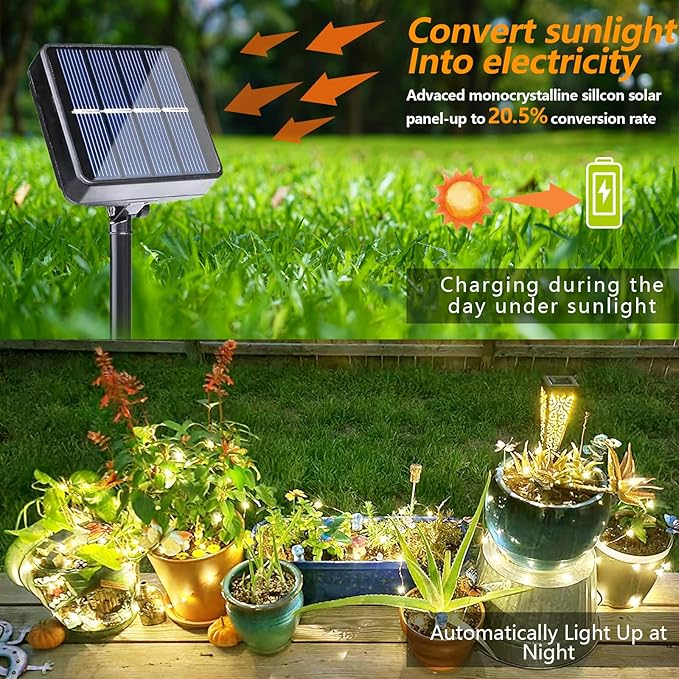 YEGUO 4 Pack Warm White Solar Fairy Lights, Each 33ft 100 LED Christmas Lights Outdoor Waterproof, 8 Modes Sliver Wire Solar String Lights