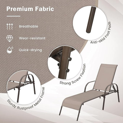 Giantex Patio Lounge Chair, Outdoor Chaise Lounge with 5 Adjustable Backrest, Sturdy Metal Frame, Sunbathing Recliner, Tanning Chairs for Outside, Beach, Yard, Balcony, Poolside, Brown