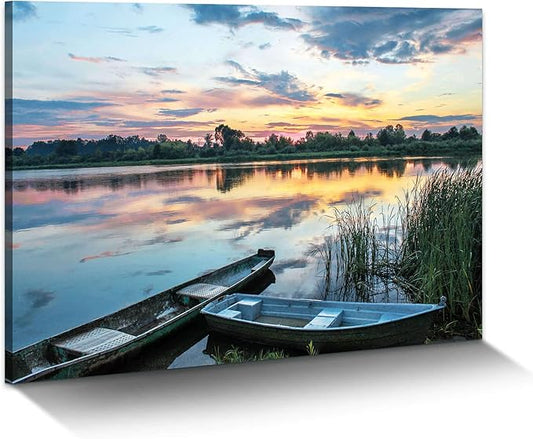ArtSquare Lake Sunset Canvas Wall Art: Large Forest Landscape Scenery Prints Nature Green Water Reed Painting Wilderness Boat Shore Gallery Artwork Sunrise Skyline Scene Picture for Living Room