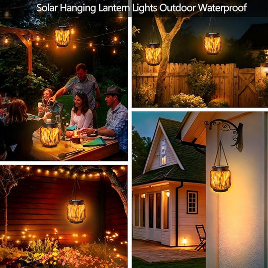 Solar Hanging Lantern Lights Outdoor Waterproof, 4 Pack Solar Flame Lantern with Hook, Metal Hanging Lanterns for Outside, Led Porch Lanterns for Patio Tree Camping Garden Decorative Lights