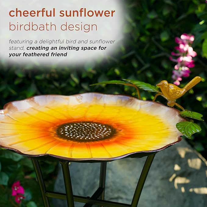 Alpine Corporation ORS882 Outdoor Metal Birdbath w/ Stylish Stand, Sunflower Birdbath Bowl and Stand Set, 29"H, Yellow/Green