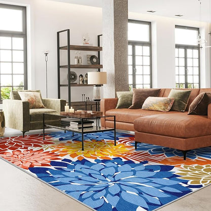 Colorful 5x8 Outdoor Area Rug Washable Multicolored Patio Rug Tropical Botanical Floral Chenille Waterproof Outdoor Carpet for Living Room, Deck, Backyard, Porch, Vivid Dahlia