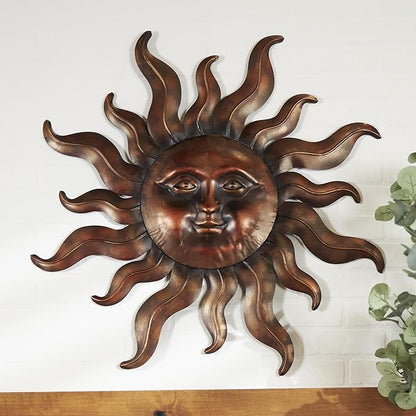 Deco 79 Metal Sun Home Wall Decor Wall Sculpture with Smiling Face and Curved Rays, Wall Art 32" x 1" x 35", Bronze