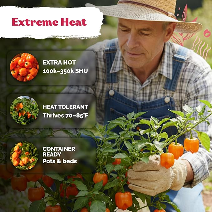 KVITER 100 Orange Habanero Hot Pepper Seeds (Capsicum Chinense) - Habanero Extra Hot Pepper, Heat Tolerant, Heirloom, Non GMO Seed - Vegetable Seeds in Seed Packets for Garden, Container, Greenhouse
