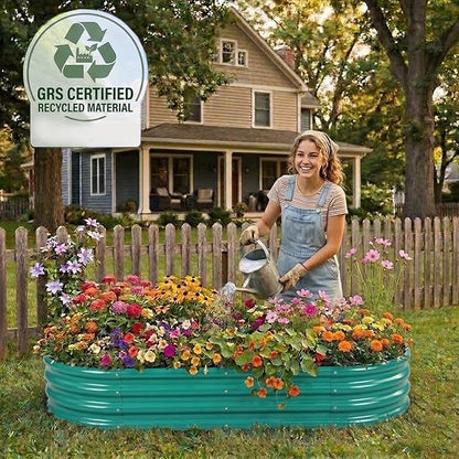 Rakukiri Raised Garden Bed GRS Certified Galvanized Planter Box Outdoor, 6.5ft Oval Rot-Resistant Metal Garden Bed Planter, Recycled Material Planter for Vegetables Flowers Herbs (Brown)