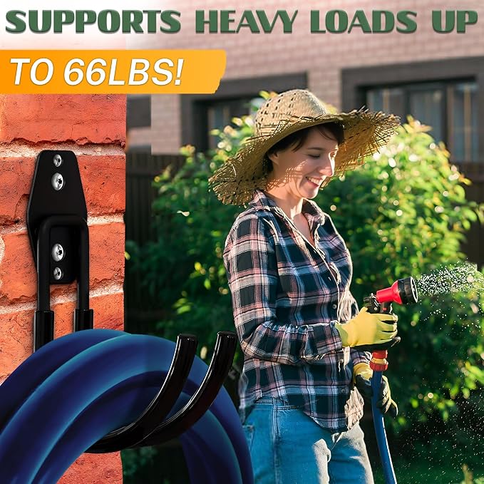 2 Pcs Hose Hook Wall Mount with Heavy-Duty Steel Construction - Anti-Slip Coating, Holds Up to 66 lbs of Hoses, Cords, and Tools - Garden Hose Hanger for Outside Yard, Garage, Shed, or Fence Post