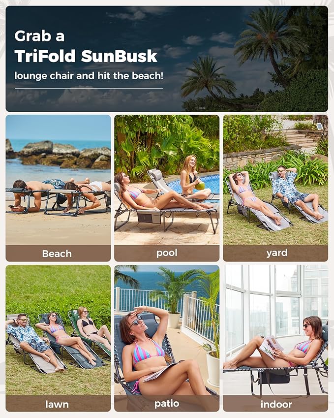 KingCamp 2 Pack Tanning Chair with Face Hole, Lounge Chairs Outdoor Folding Portable Comfy Adjustable 5-Position Lay Flat Foldable Chaise Chaser Lounger for Outside Beach Patio Sun bathing Pool, Beige