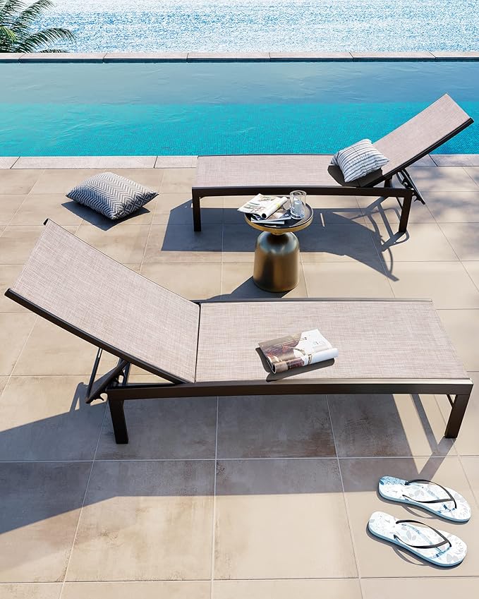 Crestlive Products Aluminum Chaise Lounge Chair Outdoor Set of 2, Adjustable 5 Positions Outdoor Lounge Furniture, Pool Tanning Recliner Perfect for Patio, Lawn, Yard, Pool