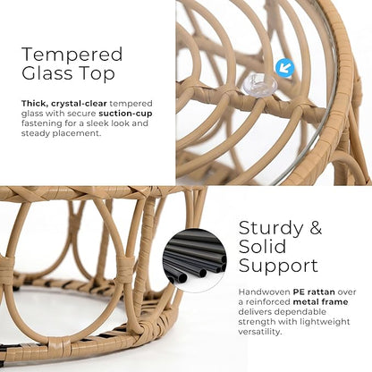 Furniture of America Ysar Boho Rattan Round Coffee Table Outdoor with 5mm Tempered Glass Top, All-Weather and Rust Resistant Patio Furniture