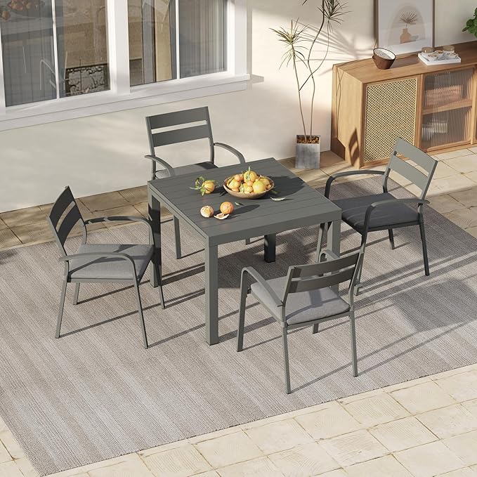 Soleil Jardin 7-Piece Outdoor Patio Dining Set, 35" - 71" Aluminum Expandable Outdoor Dining Table Set for 6, 6 Stackable Chairs with Gray Removable Cushions, Dark-Grey