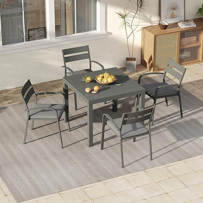 Soleil Jardin 7-Piece Outdoor Patio Dining Set, 35" - 71" Aluminum Expandable Outdoor Dining Table Set for 6, 6 Stackable Chairs with Gray Removable Cushions, Dark-Grey