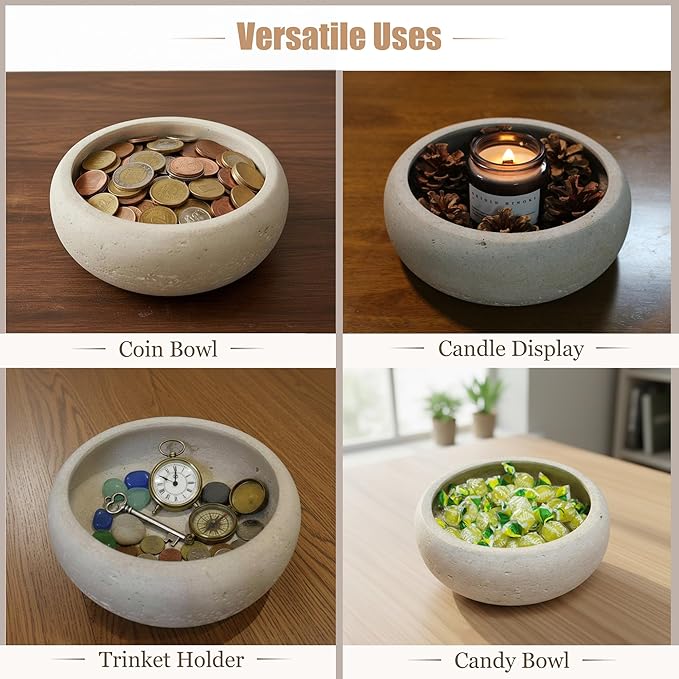 Travertine Decorative Bowl, 7.5” Natural Stone Candy Bowl, Coffee Table Catchall Dish for Living Room, Candle, Key, Trinket Holder & Hand Crafted Home Decor
