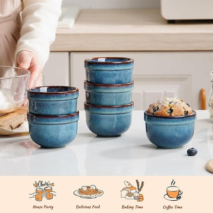 Henten Home 6 oz Ramekins Set Oven Safe, Ceramic Creme Brulee Ramekins Set of 6, Baking Cups for Pudding, Souffle, Ice Cream, Snack, Dipping (Blue)